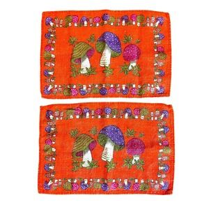 Vintage Orange Psychedelic Mushroom Place Mats Set of 2 Cloth Retro 1970s Rare
